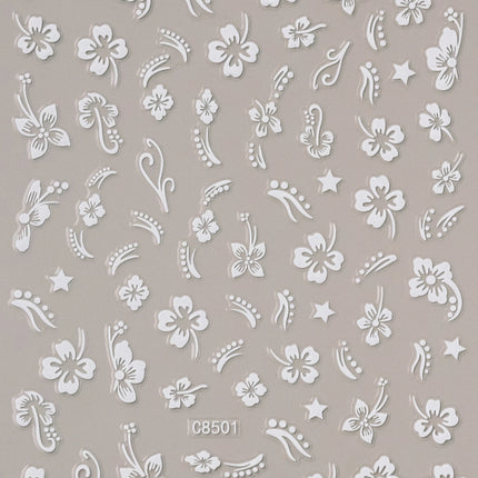 5D Hibiscus Flower Nail Embossed Sticker Acrylic Pink White Gold Petal Leaf Adhesive Decal Butterfly Dragon Floral Elegant Decor
