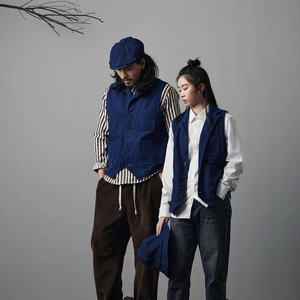 Vintage Lapel Waistcoat Men Autumn Winter New Kendo Fabric Multi-pocket Indigo Jacket Suit Vest Handmade Blue Dyed Cardigan Coat