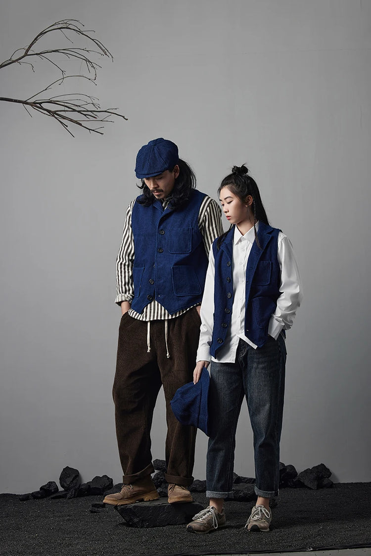 Vintage Lapel Waistcoat Men Autumn Winter New Kendo Fabric Multi-pocket Indigo Jacket Suit Vest Handmade Blue Dyed Cardigan Coat