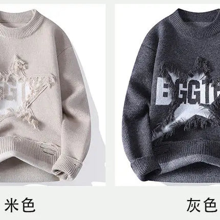 Edgy Star Fringe Knit Sweater – Distressed Lettering Crewneck for Men