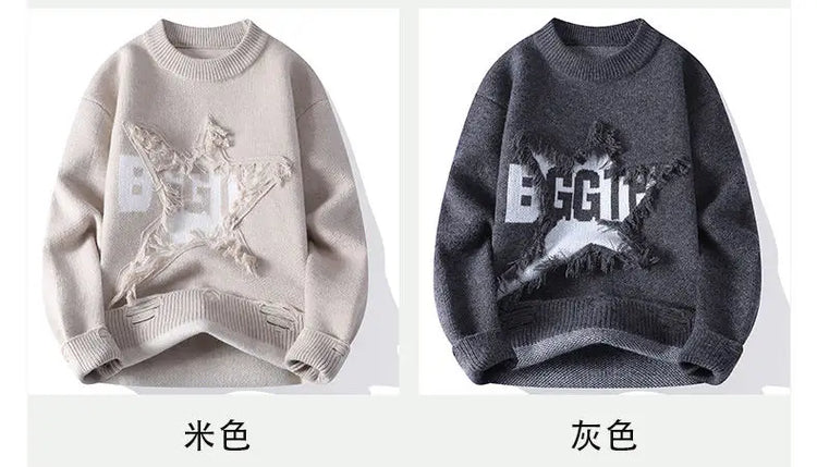 Edgy Star Fringe Knit Sweater – Distressed Lettering Crewneck for Men