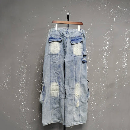 IEFB Jeans da uomo stile americano tinta unita multi tasche pantaloni casual usurati decostruzione pantaloni in denim a gamba larga 9W4066