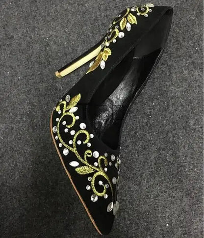 Bling Rhinestone Gold Silver Flower Embroidery Blade Heel Pumps Metal High Heels Crystal Black Suede Pointed Toe Woman Shoes