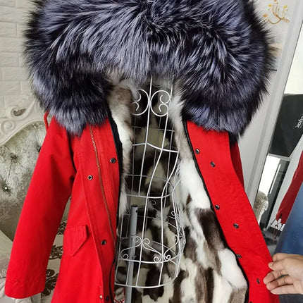 Winter Long Jacket Real Fur Coat Women Clothes Large Silver Fox Fur Collar Detachable Natural Fox Lining Parkas Leather Fur