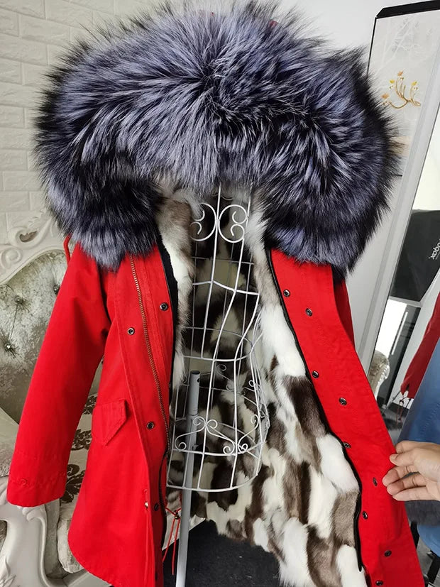 Winter Long Jacket Real Fur Coat Women Clothes Large Silver Fox Fur Collar Detachable Natural Fox Lining Parkas Leather Fur