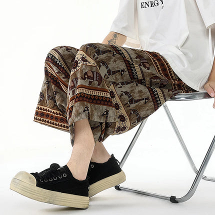 Pantaloncini estivi con stampa da spiaggia, pantaloni casual leggeri e traspiranti, pantaloni larghi alla moda da uomo, pantaloni comodi a lunghezza polpaccio per uomo