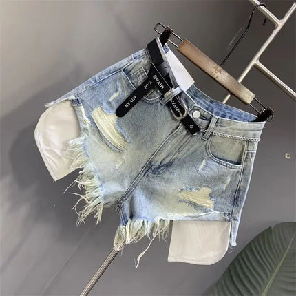 New style ripped denim shorts with frayed washed pockets and wide legs