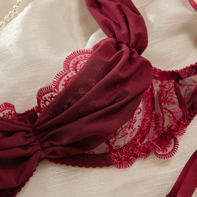 Toucheart Erotic Lingerie New Burgundy Embroidered Underwear Set Sexy Deep V Push-up Hot Bra Hollow See-through Panties Forwomen