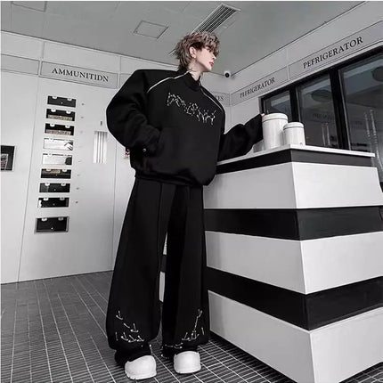 LUZHEN Fashion Street Two-piece Sets Men's Zipper Shoulder Design Long Sleeve Sweatshirt 2025 Autumn Loose Wide Leg Pants JY3912 PlatiNum