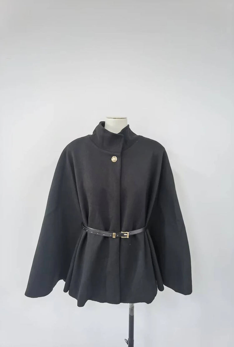 Belt Poncho Capes Women Black Cloaks Winter Coats Woman 2025 Bat Sleeve Cape Coats for Women Fashion Women's Cape Jacket