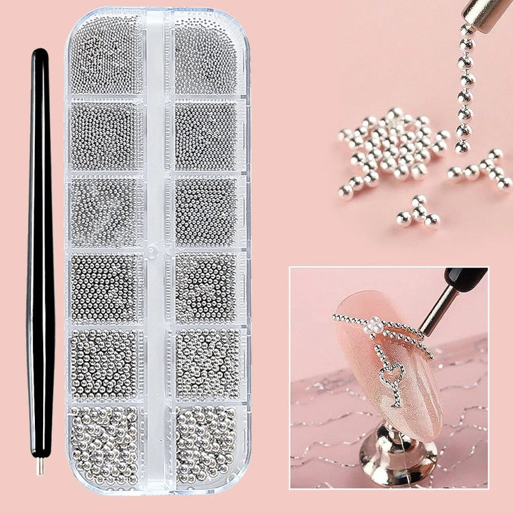 12Grid Metal Micro Caviar Beads Nail Art Charms, Gold Silver Mini Balls, 3D Nail Gem Decor with Magnetic Pen for DIY Nail Decoration