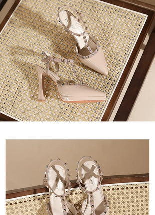 Scarpe con tacco sexy con rivetti Sandali con tacco alto da 10 cm Sandali con tacco alto da sera Sandali con tacco a spillo color nudo semplici con punta a punta platinumshop