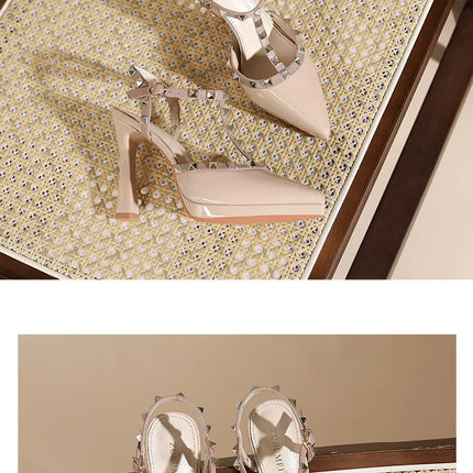 Scarpe con tacco sexy con rivetti Sandali con tacco alto da 10 cm Sandali con tacco alto da sera Sandali con tacco a spillo color nudo semplici con punta a punta platinumshop