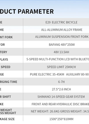 DUOTTS E29 E-bike con Motore 250W, Batteria al Litio 48V 13.5Ah, Bicicletta Elettrica con Pneumatici Fat da 27.5 Pollici, Velocità Fuoristrada 25 km/h