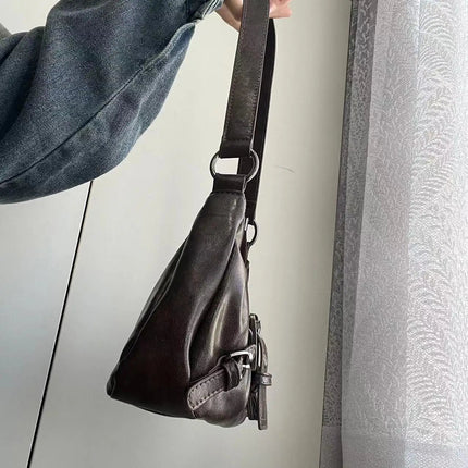 Y2K Vintage Distressed Leather Women Bag Shoulder Bag Maillard Style Underarm Purse Two Tone Crossbody Bag for Women PlatiNum