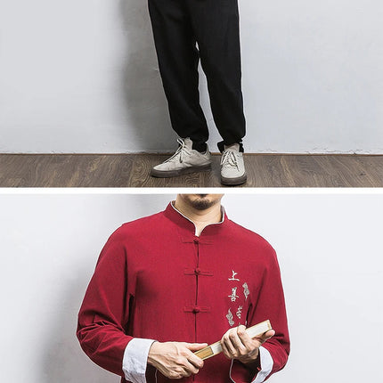 Camicie a maniche lunghe da uomo Ricamo tradizionale in cotone e lino Casual Tang Suit Cardigan da uomo Camicette Kung Fu retrò stile cinese da uomo