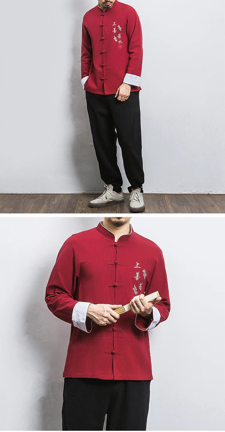Camicie a maniche lunghe da uomo Ricamo tradizionale in cotone e lino Casual Tang Suit Cardigan da uomo Camicette Kung Fu retrò stile cinese da uomo
