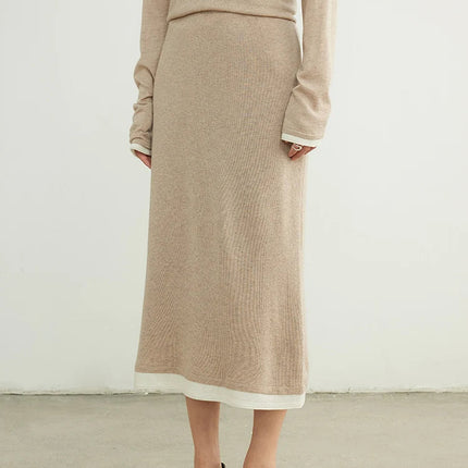 SuyaDream, Women Long Skirt, 32.4%Sheep Wool, Solid Woolen Knitted Skirts, 2024 Autumn Winter Warm Under Dress, Grey, Khaki PlatiNum