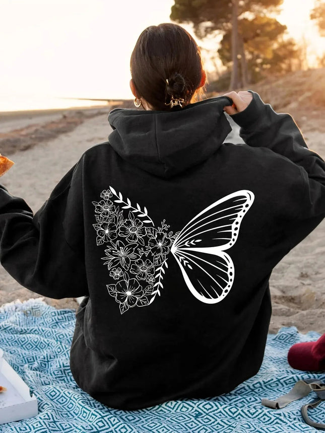 Women Floral Butterfly Print Hoodie IMPOSSIBLE Graphic Oversized Fleece Hooded Sweatshirt Vintage Casual Streetwear Pullover Top