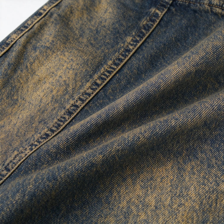 Women’s High-Waisted Wide-Leg Curved Jeans, Rust-Brown Vintage-Wash Denim with Vertical Stitching and Front Pockets, Casual Retro-Style Trousers for Everyday Wear  YW-1855