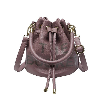Spring New Fashion Letter PU Leather Bucket Bag Women Simple City Style Shoulder Handbag Trendy Crossbody Satchel Handbag PlatiNum