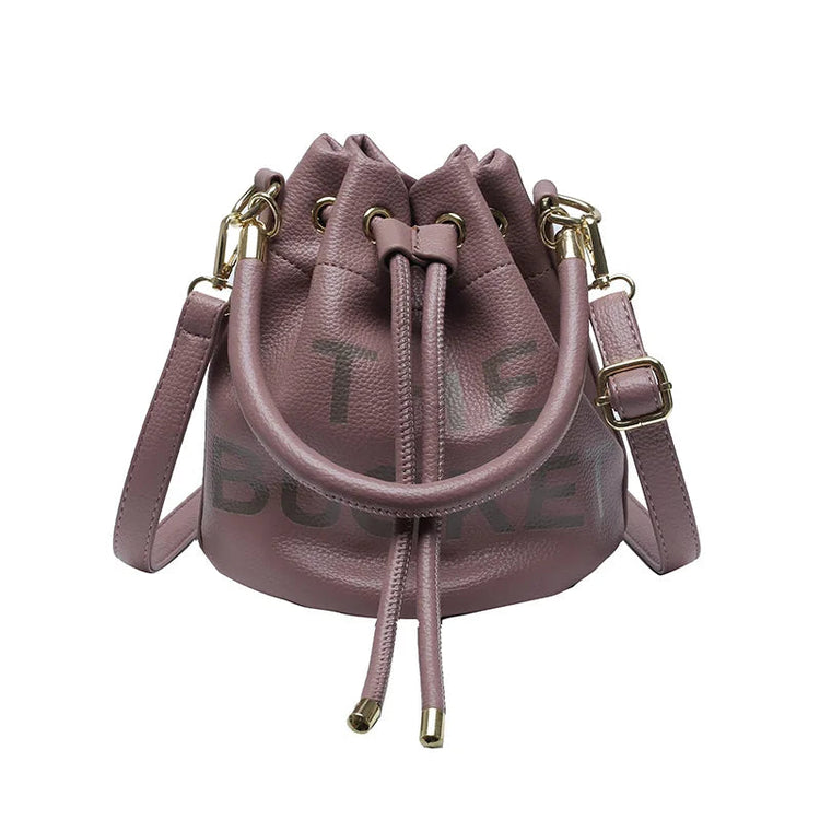Spring New Fashion Letter PU Leather Bucket Bag Women Simple City Style Shoulder Handbag Trendy Crossbody Satchel Handbag PlatiNum