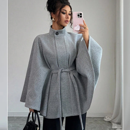 Elegant Stand Collar Tie Waist Cape Design Wool Coat, Coats for Women Spring Summer Outerwear with Chic Overcoat Style