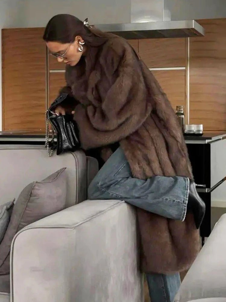 ZADORIN 120cm Super Long Luxury Winter Brown Faux Fur Coat Woman Elegant Belted Lapel Thick Fluffy Fur Jacket High Quality Coats
