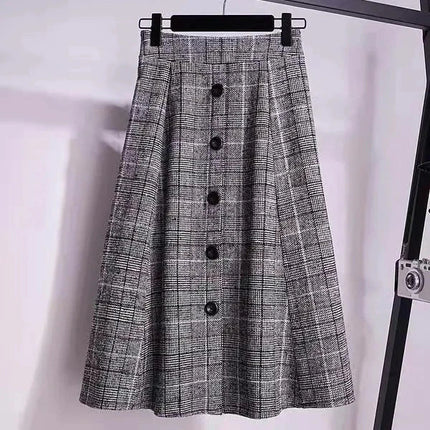 Large Size Women's Autumn Winter Elastic Waist A-line Skirt Woman Skirts Faldas Jupe Korean Retro Plaid Mid-Long Skirts Size 4XL PlatiNum