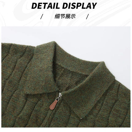Men's  Knit Sweater Pullover Solid Color Long Sleeve Lapel zipper-Up Fall Winter Loose Warm Casual top