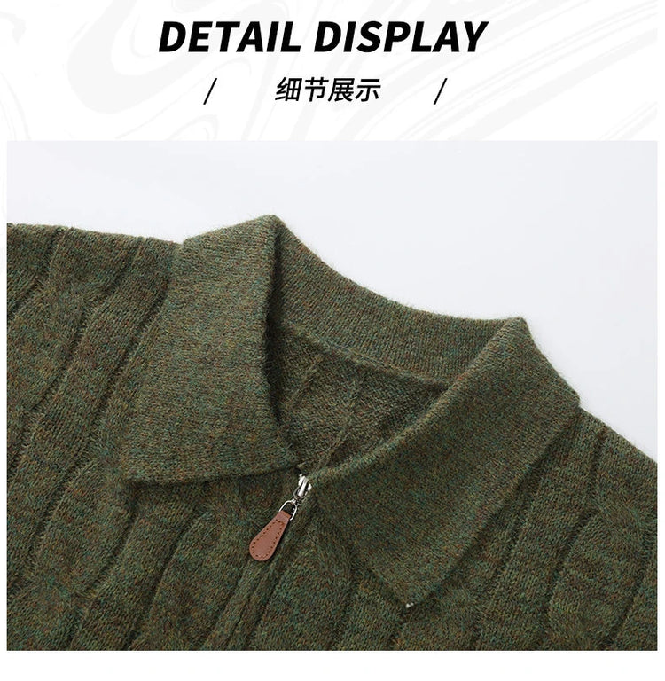 Men's  Knit Sweater Pullover Solid Color Long Sleeve Lapel zipper-Up Fall Winter Loose Warm Casual top