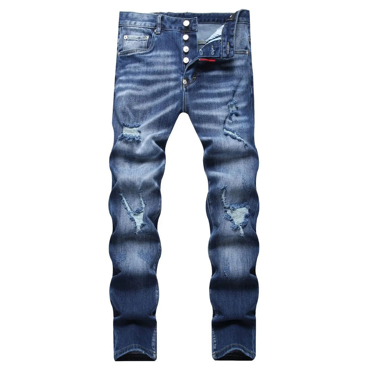 2025 Men's Ripped Jeans Luxury Brand Light Blue Holes Long Trousers Quality Male Fashion Stretch Slim Pants Men Skinny Jeans PlatiNum