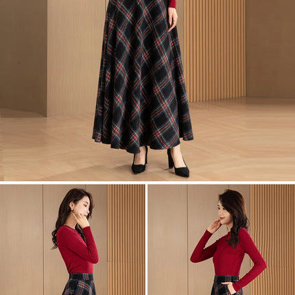 New Women Woolen Plaid Skirt Autumn Winter Fashion Elastic High Waist A-Line Wool Blended Long Skirt Simplicity Vintage Skirt PlatiNum