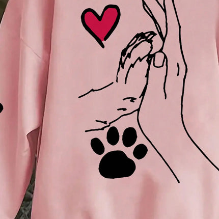 Ladies' Casual and Elegant Polyester Hoodie with Dog and Heart-Shaped Paw Prints, Hoodie, Animal Pattern