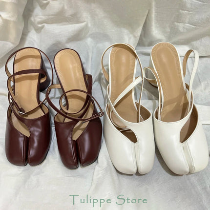 Crossed Ankle Belt Buckle Split toe Sandals Women Brand Designer Slingback Tabi Chunky High Heels INS Fashion Girls Shoes 2025 PlatiNum