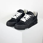Unisex Black Denim Skate Sneakers, White Contrast Stitching Lace Up Thick Platform Street Board Shoes