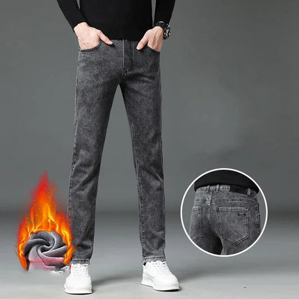 Men's Winter Stretch Fleece Jeans Thickened Warm Loose Straight Velvet Denim Trousers Classic Business Casual Black Work Pants