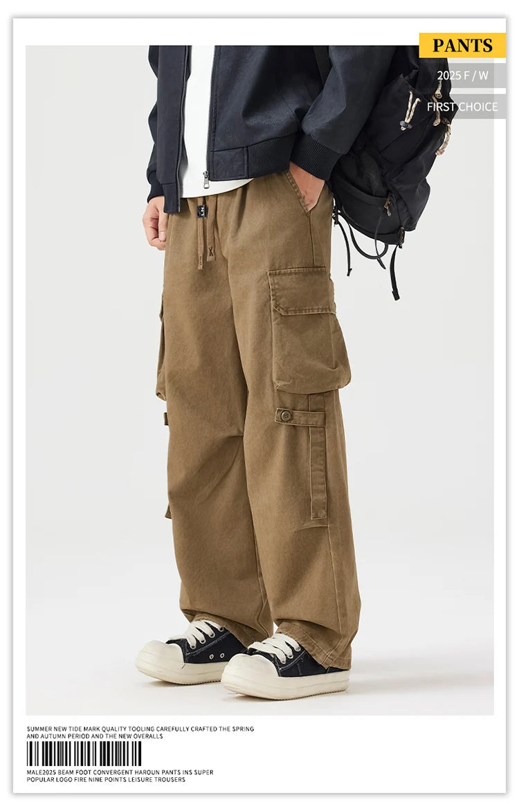 Autumn New Cargo Loose Multi-pockets 100% Cotton Straight Pants for Men Clothing Comfort Zipper Male Trouser GF258113