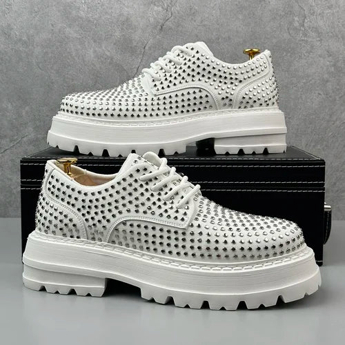 Luxury Designer Rivets Men Leather Casual Shoes Fashion Breathable Height Increasing Male Brogue Derby Shoes Zapatillas Hombre