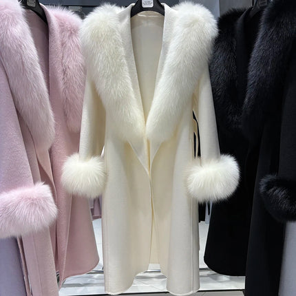 YOLOAgain Women's 100% Wool Coat Long With Detachable Real Fox Fur Collar 2025 Autumn Elegant Double-Sided Wool Coat