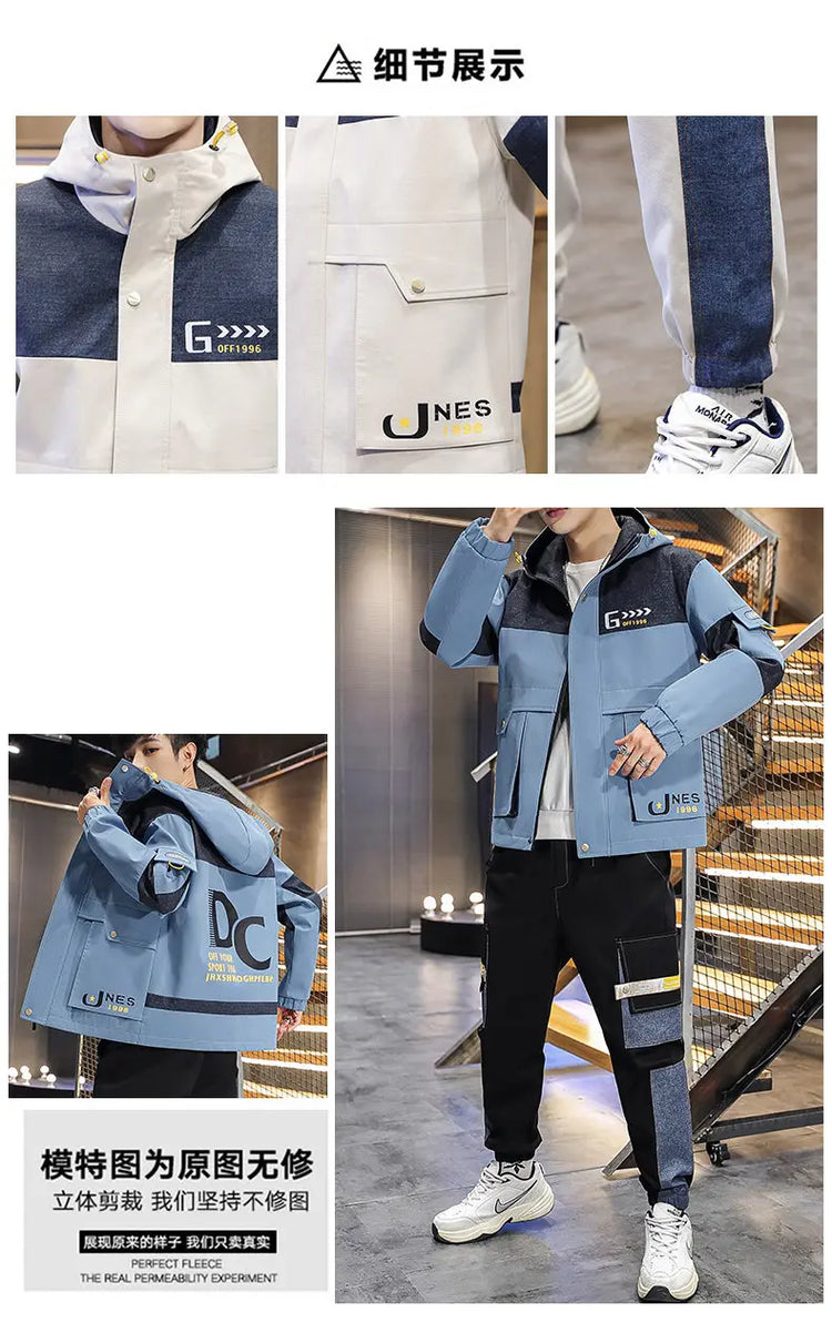 Men's Casual Sports Sets Spring Autumn Tracksuit Jogging Set Patchwork flight Hooded jacket pants two Piece