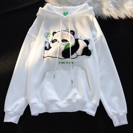 Winter Thicken Hoodies Chinese Flocking Embroidery Kawaii Cartoon Panda Hooded Sweatshirt Couple Matching Cute Fleece Pullovers