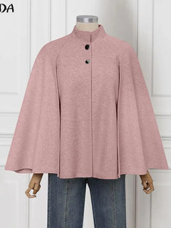 VONDA Autumn Women Capes Elegant Stand Collar Thin Cape Coat Solid Button Poncho OL Work Tops Office Streetwear Party Jackets