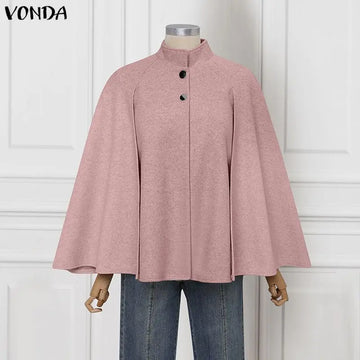 VONDA Autumn Women Capes Elegant Stand Collar Thin Cape Coat Solid Button Poncho OL Work Tops Office Streetwear Party Jackets