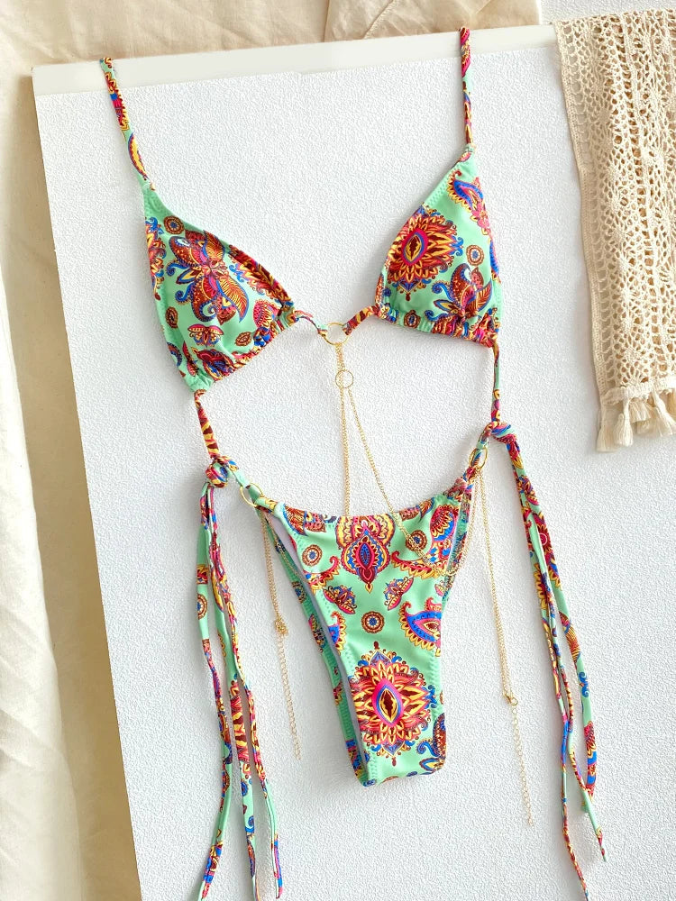 Catene a triangolo sexy Set bikini Micro perizoma Costume da bagno donna Costume da bagno Biquini Fasciatura Costumi da bagno Stampa Costumi da bagno Perizoma Bikini platinumshop