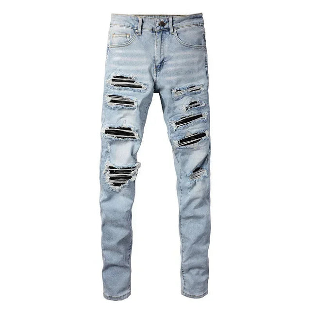 High Street Jeans Patch Hand-worn Holes Slim Skinny Jeans for Men PlatiNum