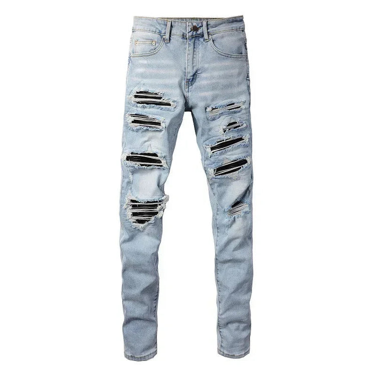 High Street Jeans Patch Hand-worn Holes Slim Skinny Jeans for Men PlatiNum