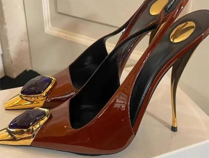 Ladies' Elegant Retro Pointed-toe Shallow Mouth Gemstone High-heeled New Metal Patent Leather One-strap Heel Sandals PlatiNum