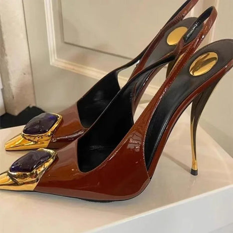 Ladies' Elegant Retro Pointed-toe Shallow Mouth Gemstone High-heeled New Metal Patent Leather One-strap Heel Sandals PlatiNum