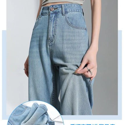 Jeans da donna in seta ghiaccio, nuovi, estivi 2026, in denim sottile e morbido, a gamba dritta e larga, modello baggy, versatili, blu ﻿